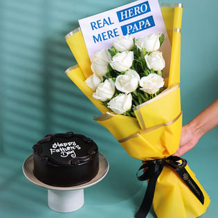White Rose Bouquet & Chocolate Cake Combo