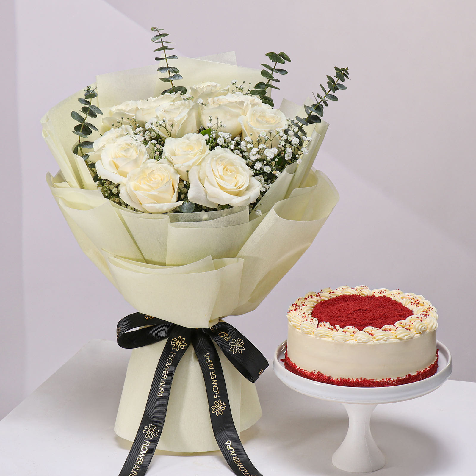 White Rose Bouquet N Red Velvet Cake Combo