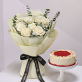 White Rose Bouquet N Red Velvet Cake Combo