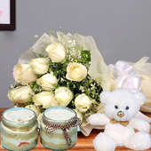 White Rose Bouquet With Jar Cake N Teddy Bear - Bunch of 12 White Roses with Pair of Vanilla Jar Cakes and Teddy