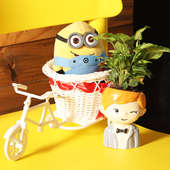 Winky Boy Minion Combo - Foliage Plants Indoor in One Eye Boy Vase with 3 Inch Minion in a Cycle