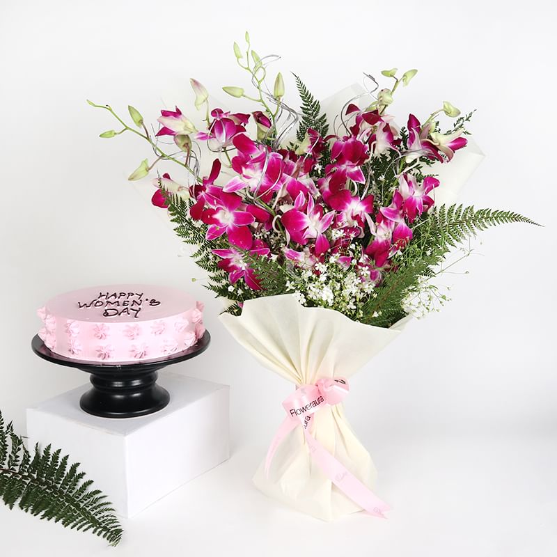 Women Day Cake Flower Combo: Bunch of 6 Purple Orchids in White Paper Packing