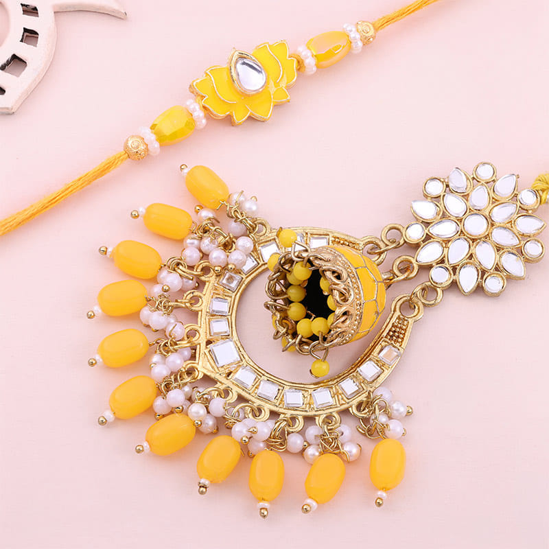 Yellow Beaded Kundan Bhaiya Bhabhi Rakhis