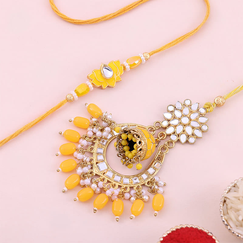 Yellow Beaded Kundan Bhaiya Bhabhi Rakhis
