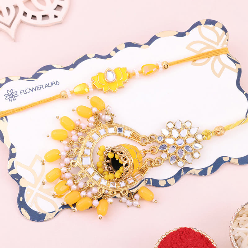 Yellow Beaded Kundan Bhaiya Bhabhi Rakhis