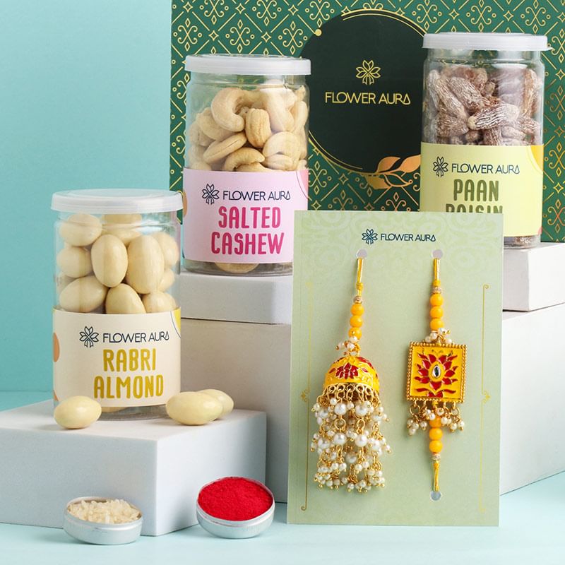 Yellow Bhai Bhabhi Rakhis With Dry Fruits