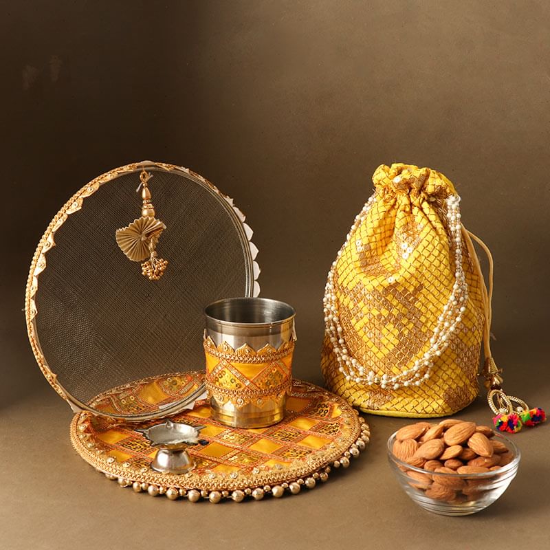 Yellow Karwa Chauth Hamper N Almonds
