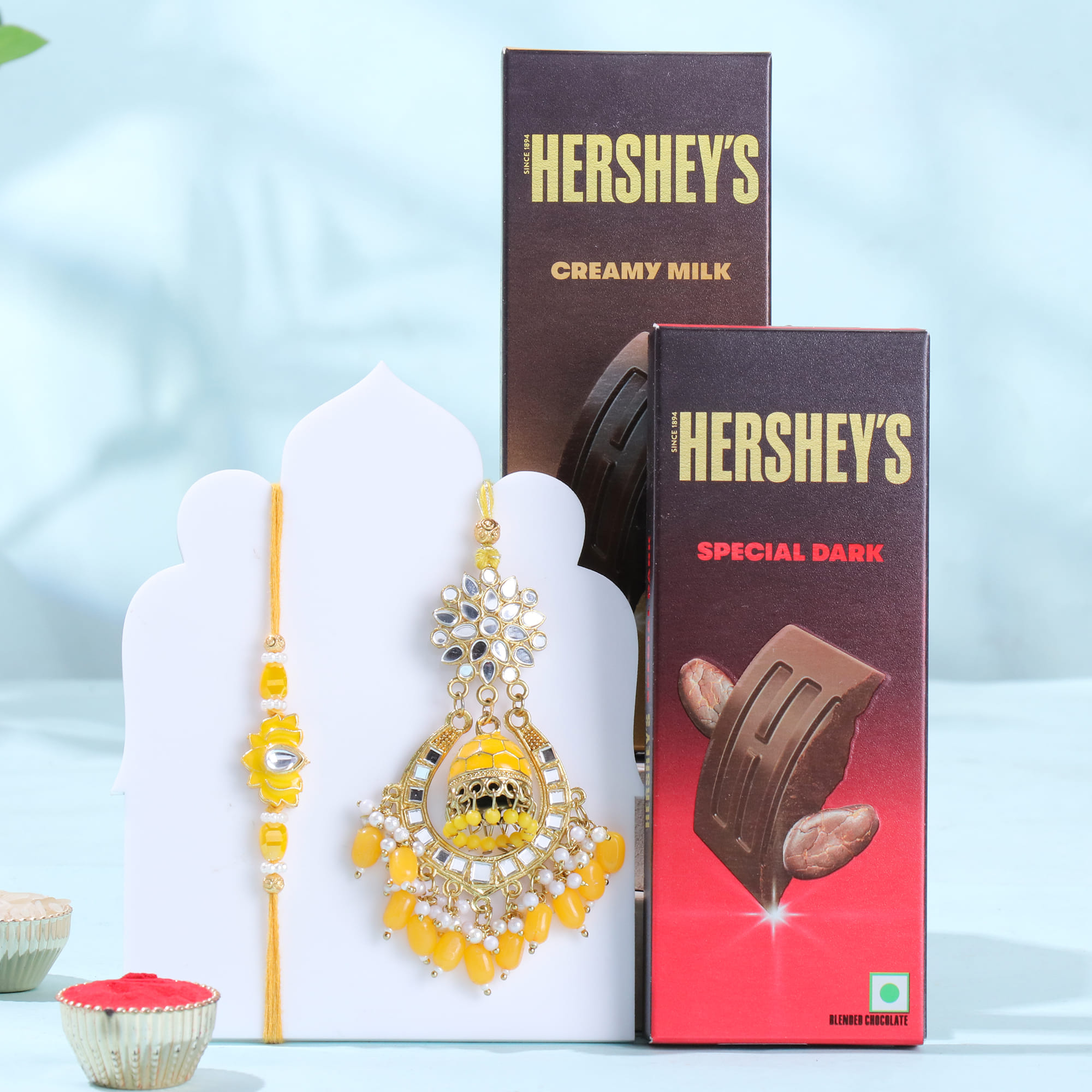 Yellow Kundan Bhai Bhabhi Rakhi N Choco Bars