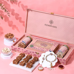 Yellow Meenakari Rakhi N Assorted Sweets Hamper