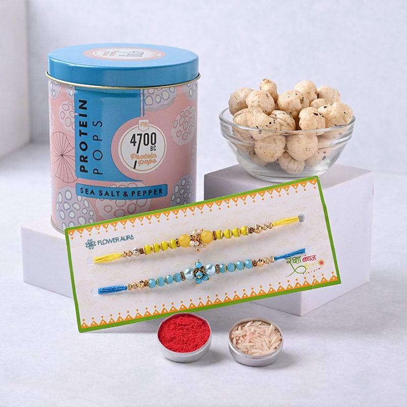 Yellow N Blue Beads Rakhi Duo With Popcorn