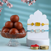 Yellow N Blue Geometric Rakhi Duo With Gulab Jamun
