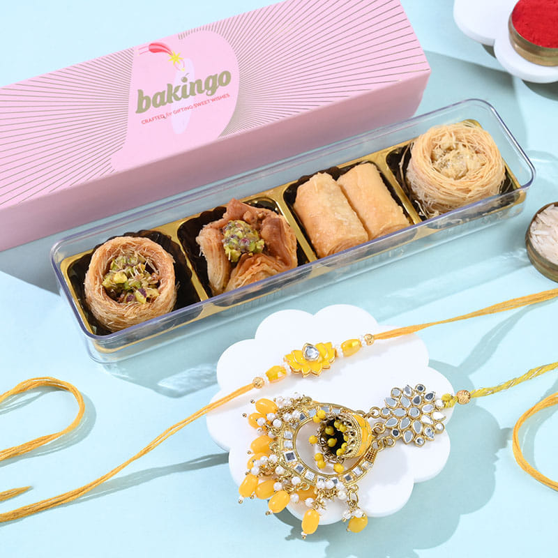 Yellow Stones Bhai Bhabhi Rakhis With Baklava