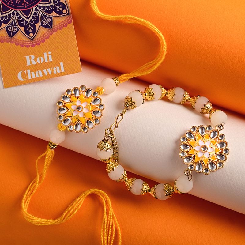 Order Lumba Rakhi Online For Bhaiya bhabhi - Yellow Vibrant Couple Rakhi
