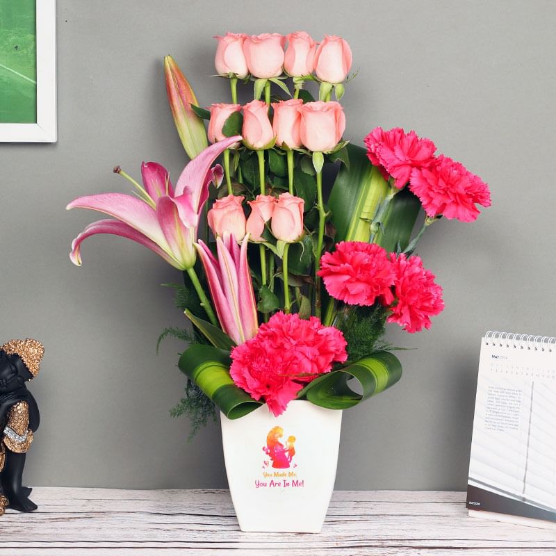 Mixed Pink Flowers in a Vase for Mom