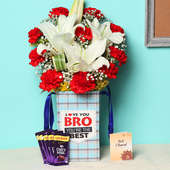 You Are the Best Combo - 10 Red Carnations and 2 White Lilies with 5 Dairy Milk Chocolates and Complementary Roli Chawal
