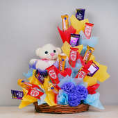 Choco Teddy Bouquet:5 Kitkats,Five 5 Sta, 5 Dairy Milk and 6 Inches White Teddy in a Basket