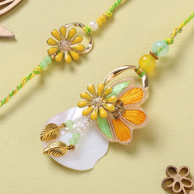 Zari Work Floral Bhaiya Bhabhi Rakhi Set