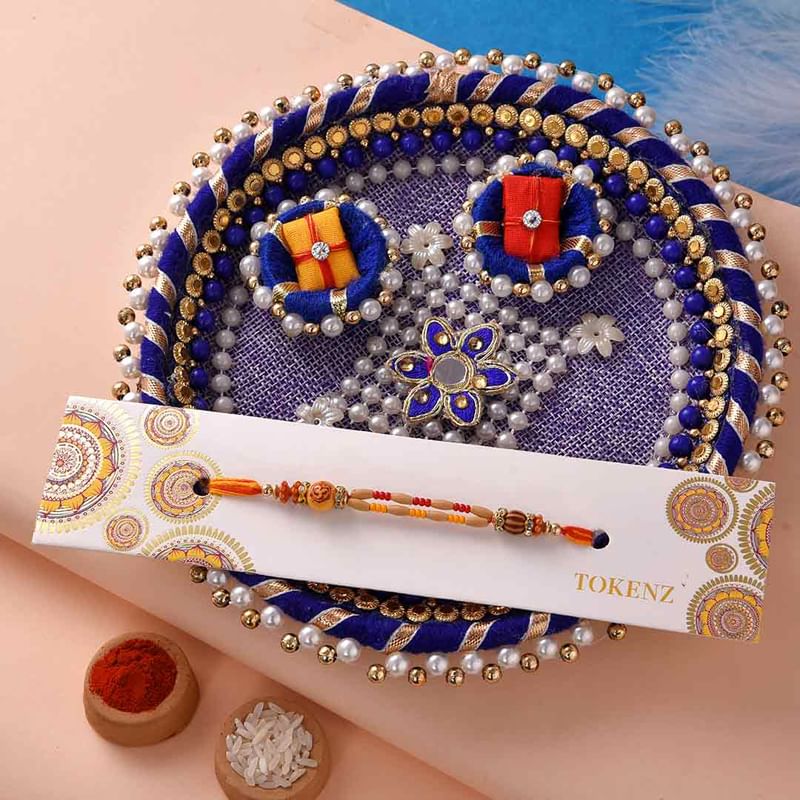 Zari Work Thali With Beads Rakhi